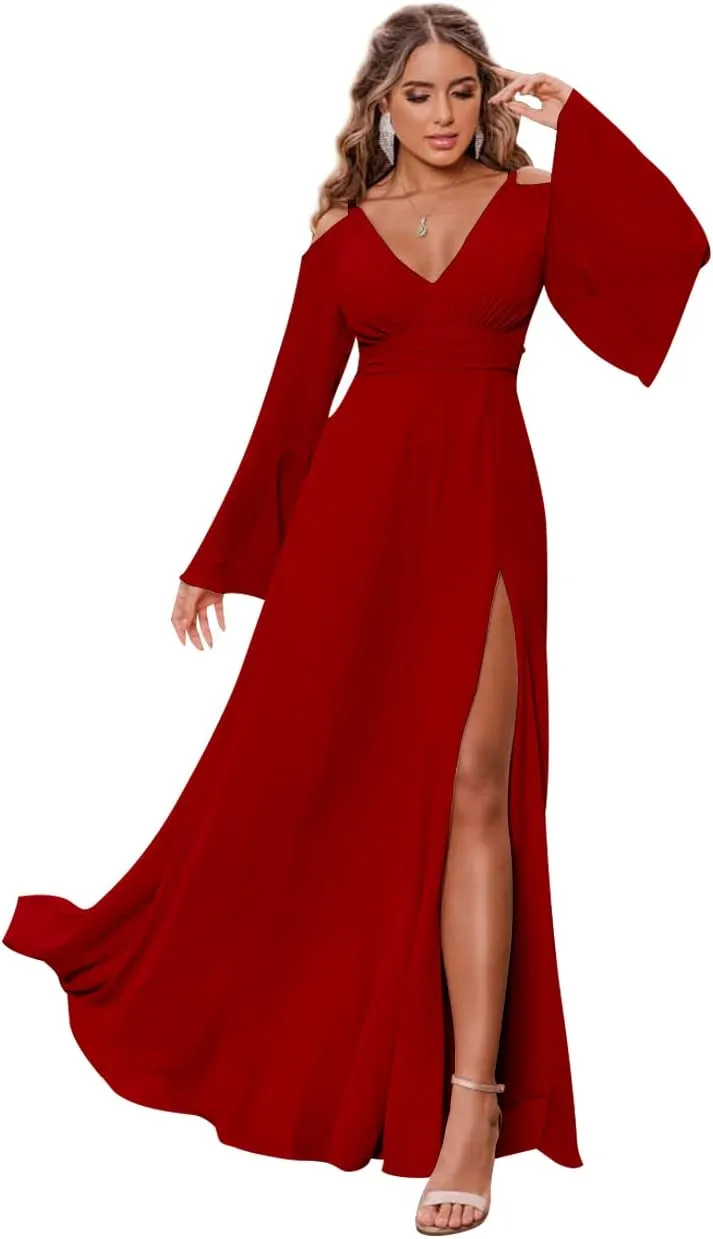 Women's V Neck Bridesmaid Dresses for Wedding Long Sleeves Pleated Chiffon Formal Evening Gown