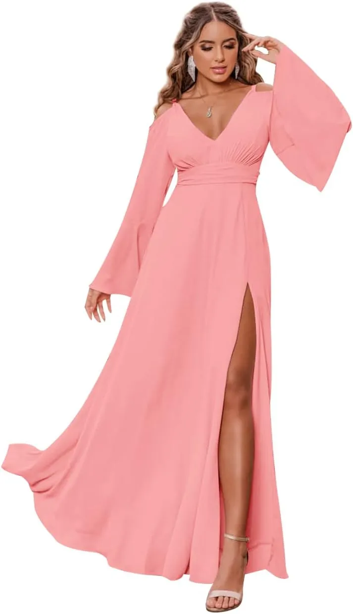 Women's V Neck Bridesmaid Dresses for Wedding Long Sleeves Pleated Chiffon Formal Evening Gown