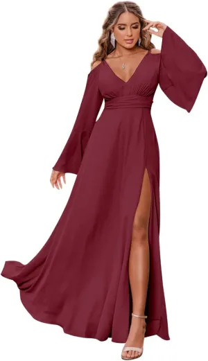 Women's V Neck Bridesmaid Dresses for Wedding Long Sleeves Pleated Chiffon Formal Evening Gown