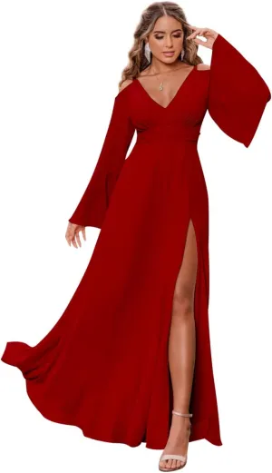Women's V Neck Bridesmaid Dresses for Wedding Long Sleeves Pleated Chiffon Formal Evening Gown