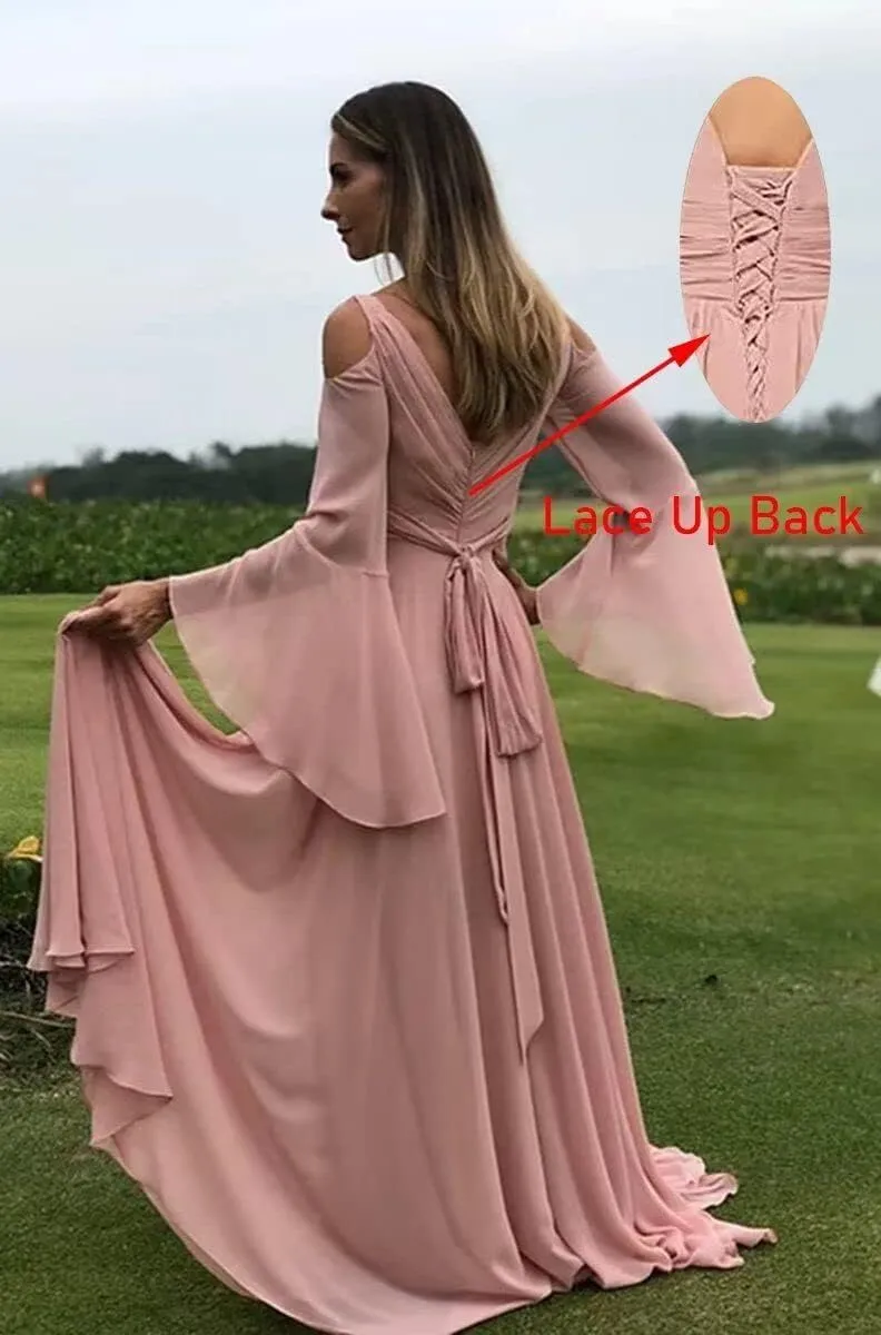 Women's V Neck Bridesmaid Dresses for Wedding Long Sleeves Pleated Chiffon Formal Evening Gown