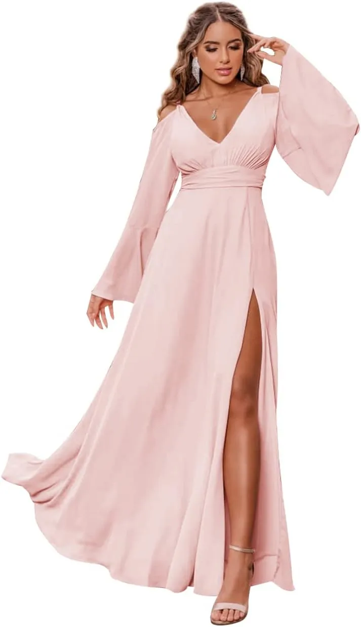 Women's V Neck Bridesmaid Dresses for Wedding Long Sleeves Pleated Chiffon Formal Evening Gown