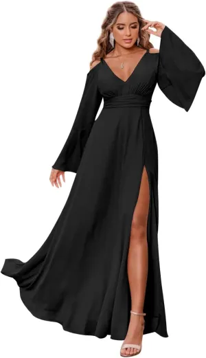 Women's V Neck Bridesmaid Dresses for Wedding Long Sleeves Pleated Chiffon Formal Evening Gown