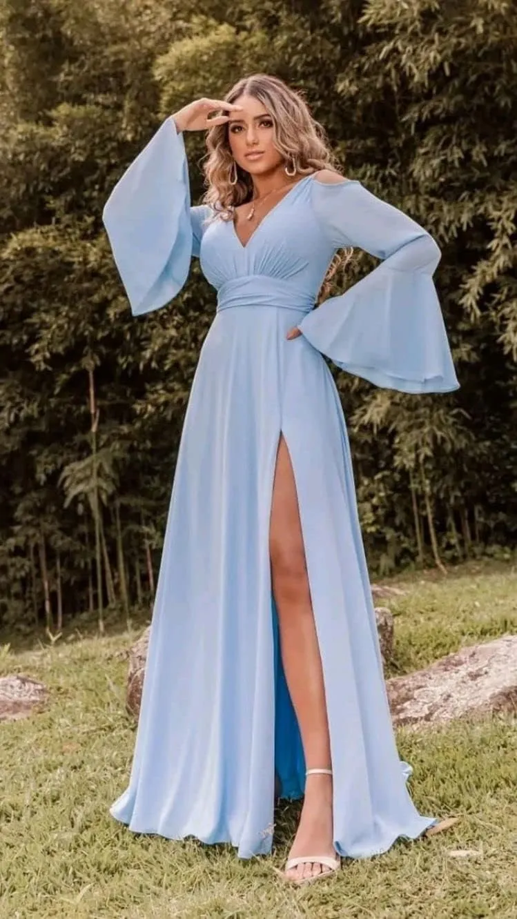 Women's V Neck Bridesmaid Dresses for Wedding Long Sleeves Pleated Chiffon Formal Evening Gown
