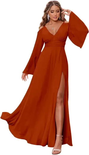 Women's V Neck Bridesmaid Dresses for Wedding Long Sleeves Pleated Chiffon Formal Evening Gown