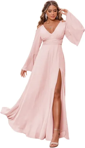 Women's V Neck Bridesmaid Dresses for Wedding Long Sleeves Pleated Chiffon Formal Evening Gown