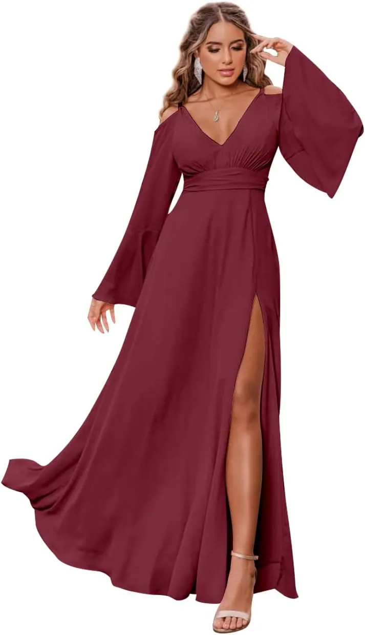 Women's V Neck Bridesmaid Dresses for Wedding Long Sleeves Pleated Chiffon Formal Evening Gown