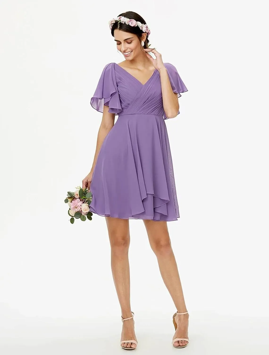 Women's V Neck Chiffon Bridesmaid Dresses Ruffle Sleeves A Line Short Corset Prom Dresses for Women NO24
