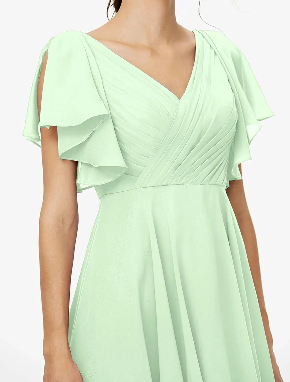 Women's V Neck Chiffon Bridesmaid Dresses Ruffle Sleeves A Line Short Corset Prom Dresses for Women NO24
