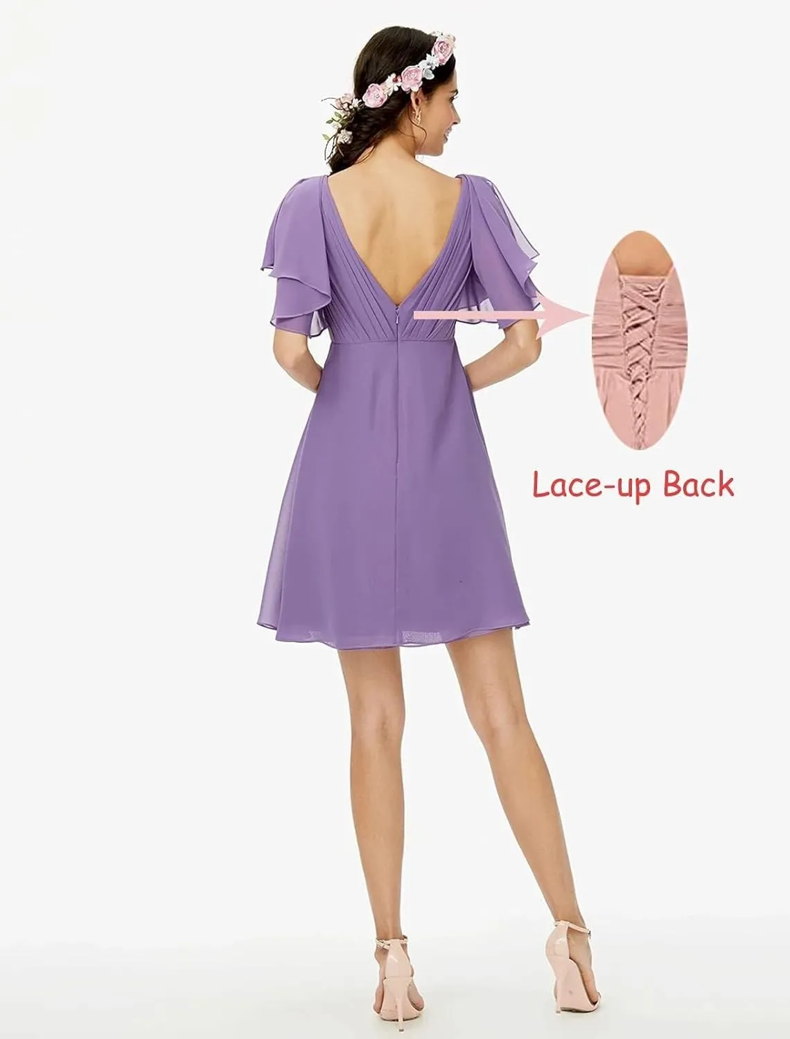 Women's V Neck Chiffon Bridesmaid Dresses Ruffle Sleeves A Line Short Corset Prom Dresses for Women NO24