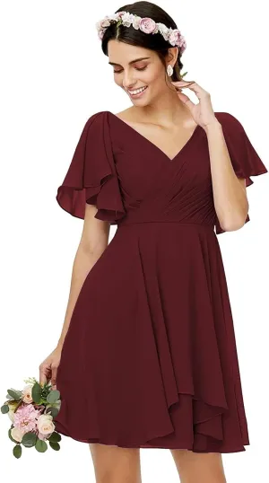 Women's V Neck Chiffon Bridesmaid Dresses Ruffle Sleeves A Line Short Corset Prom Dresses for Women NO24