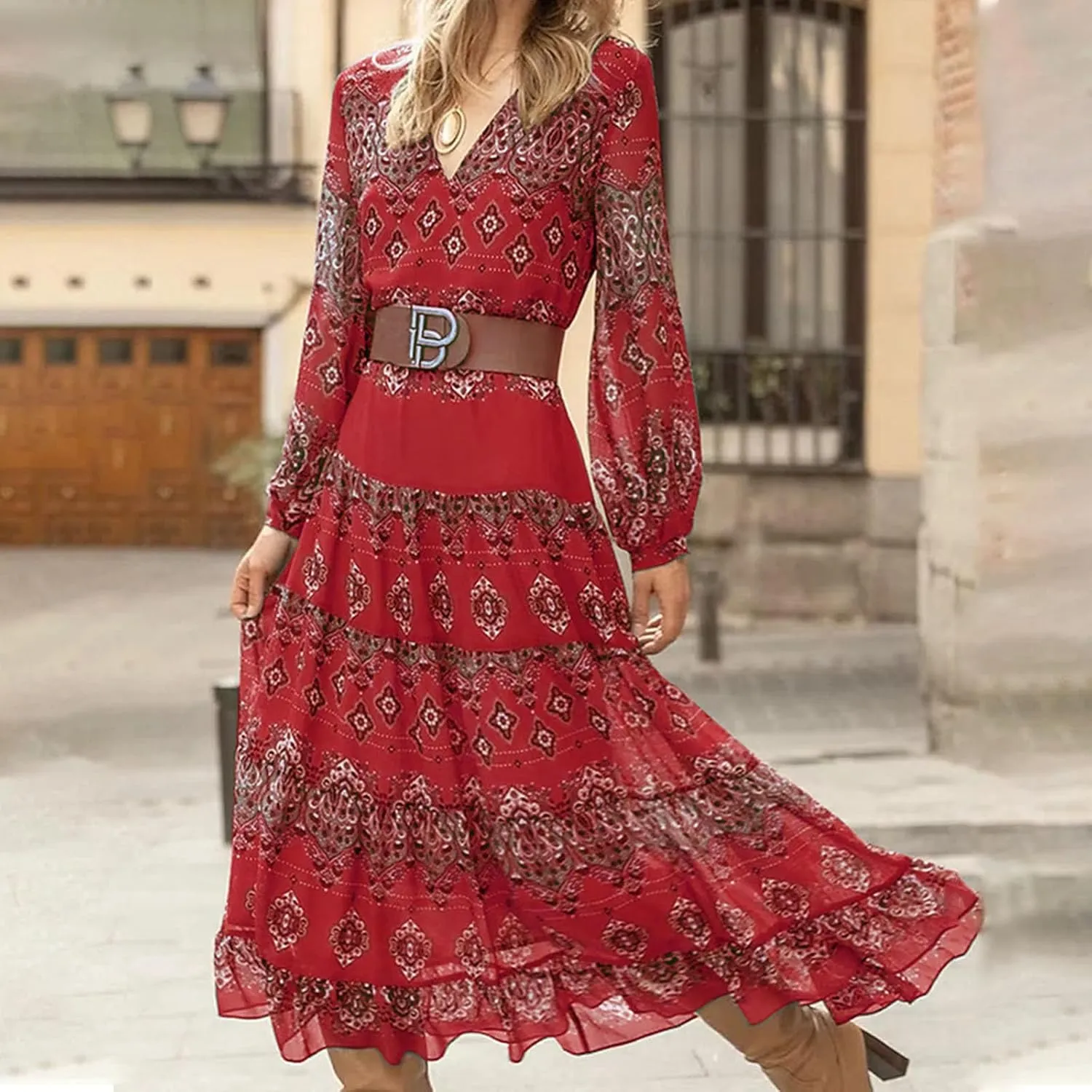 Women's V Neck Ethnic Style Empire Waist Slim Chiffon Dress Fall Long Sleeve A-Line Swing Dresses for Women Casual Maxi Dress