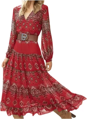 Women's V Neck Ethnic Style Empire Waist Slim Chiffon Dress Fall Long Sleeve A-Line Swing Dresses for Women Casual Maxi Dress