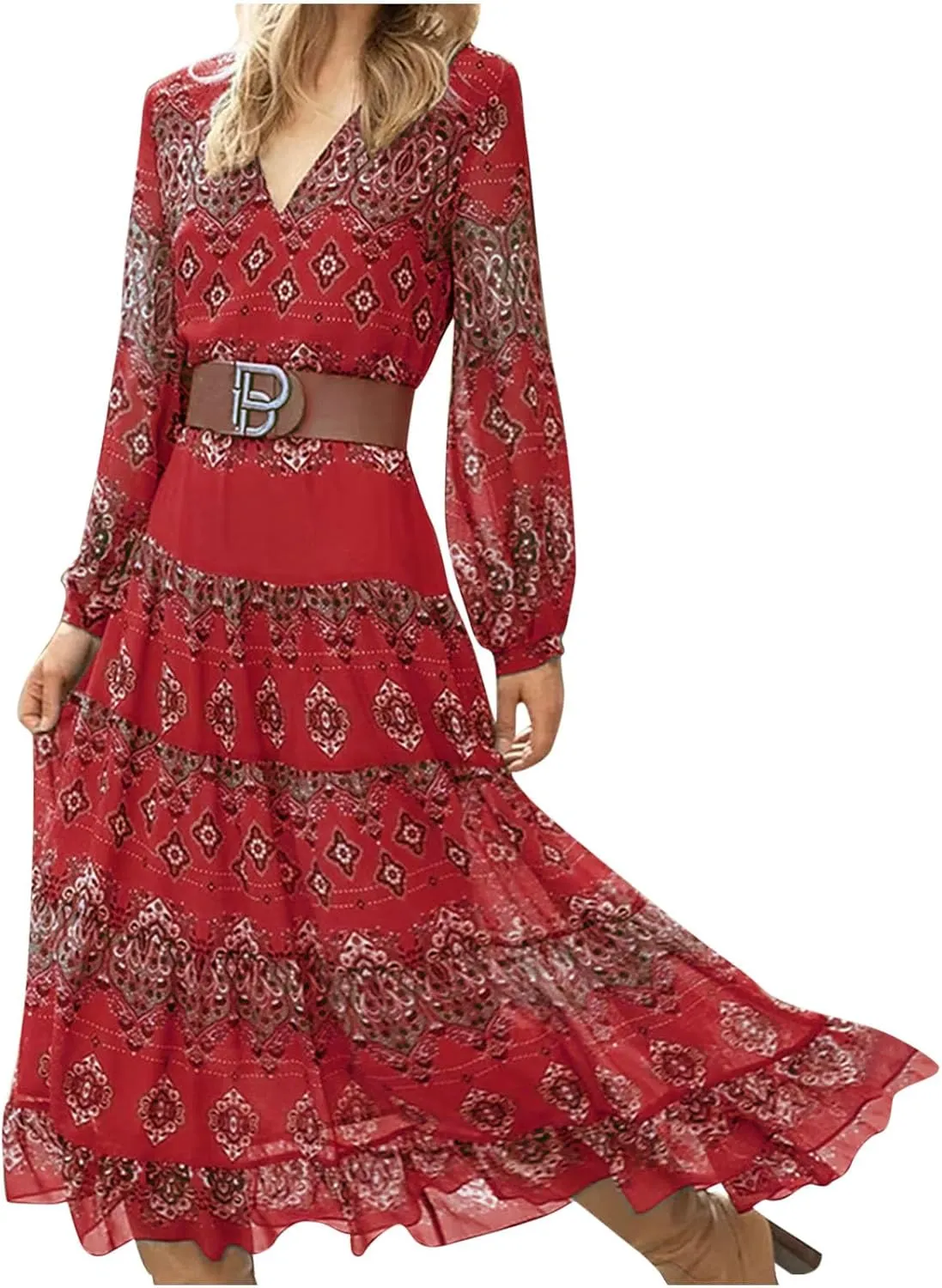 Women's V Neck Ethnic Style Empire Waist Slim Chiffon Dress Fall Long Sleeve A-Line Swing Dresses for Women Casual Maxi Dress