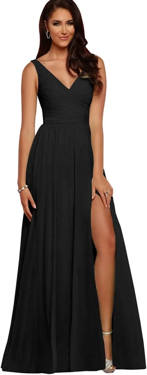 Women's V Neck Long Chiffon Split Evening Prom Gowns 24 Black