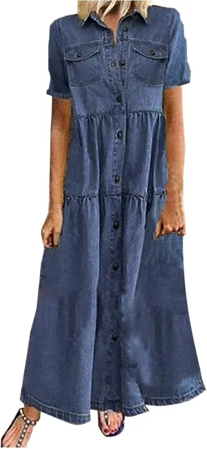 Womens Vintage Denim Tshirt Dress Long Jean Sundress Summer Casual Short Sleeve Button Down Maxi Denim Dresses