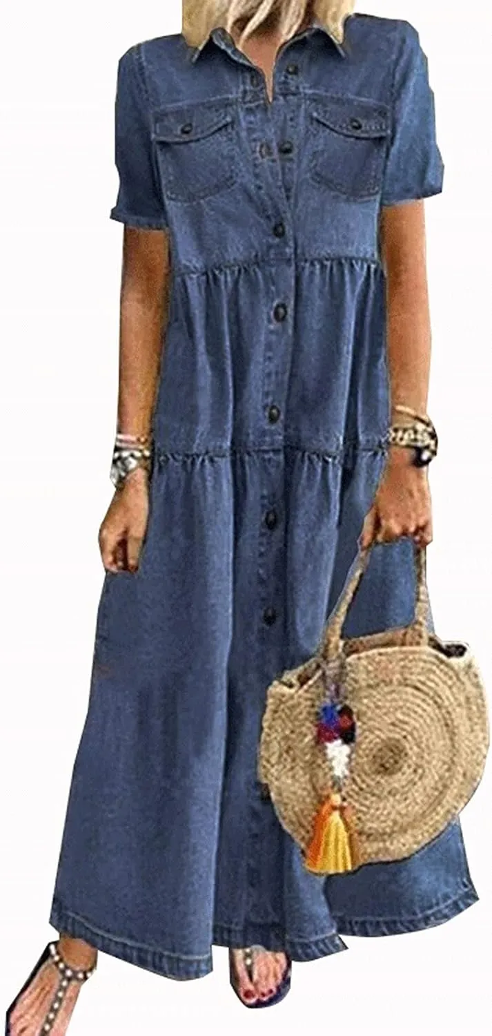 Womens Vintage Denim Tshirt Dress Long Jean Sundress Summer Casual Short Sleeve Button Down Maxi Denim Dresses