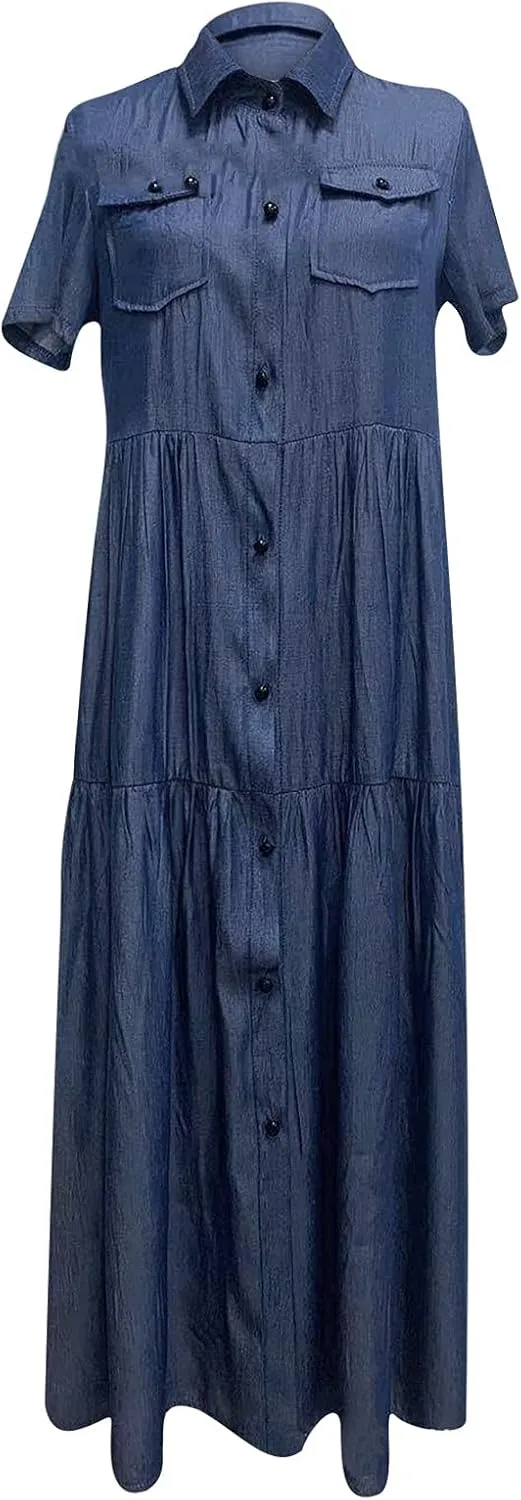 Womens Vintage Denim Tshirt Dress Long Jean Sundress Summer Casual Short Sleeve Button Down Maxi Denim Dresses