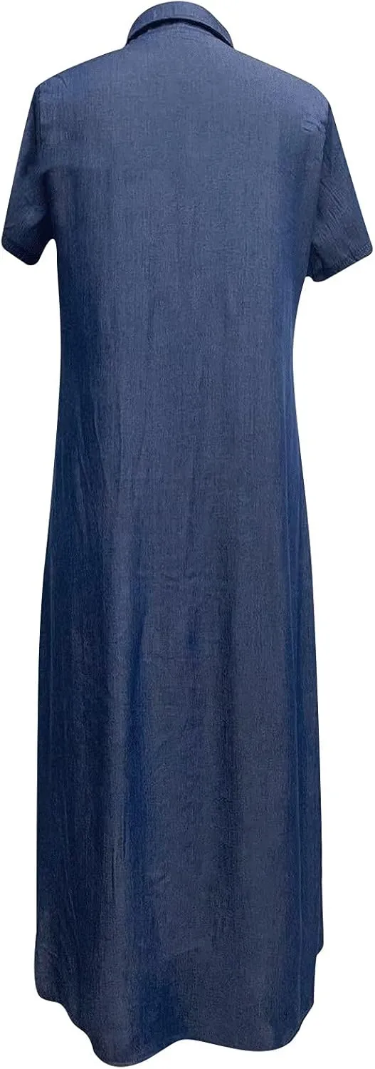 Womens Vintage Denim Tshirt Dress Long Jean Sundress Summer Casual Short Sleeve Button Down Maxi Denim Dresses