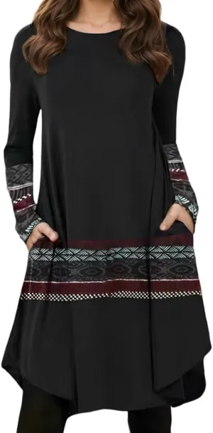 Women's Vintage Ethnic Floral Crew Neck Tunic Midi Dress Fall Loose Long Sleeve Plus Size Swing Dresses with 2 Pockets