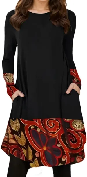 Women's Vintage Ethnic Floral Crew Neck Tunic Midi Dress Fall Loose Long Sleeve Plus Size Swing Dresses with 2 Pockets
