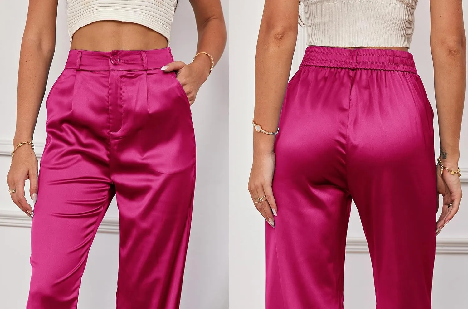 Women's Wide Leg Satin Silky Casual Dress Cocktail Party High Waist Pants