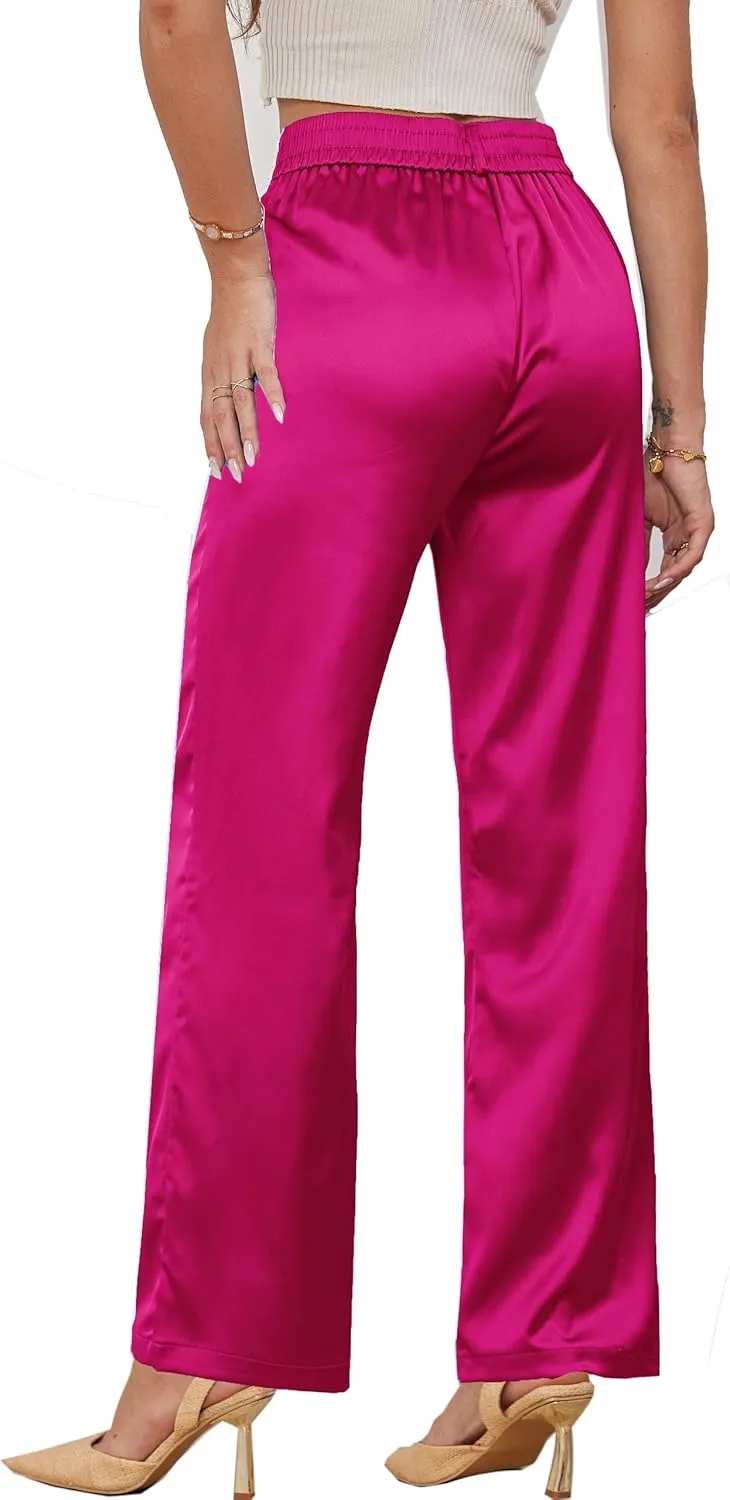 Women's Wide Leg Satin Silky Casual Dress Cocktail Party High Waist Pants