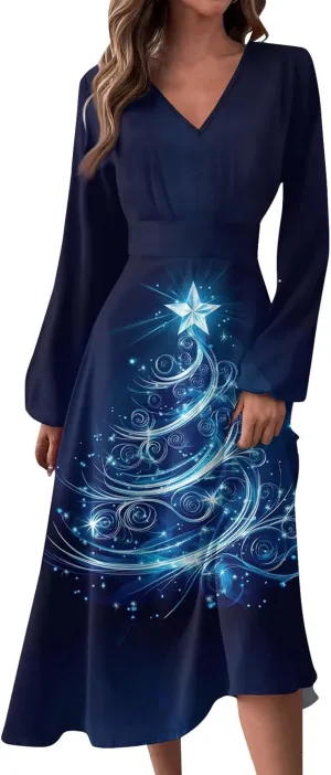 Women's Winter Casual Trendy V-Neck Long Sleeve Snowflake Print Christmas Dress Plus Size, S-2XL