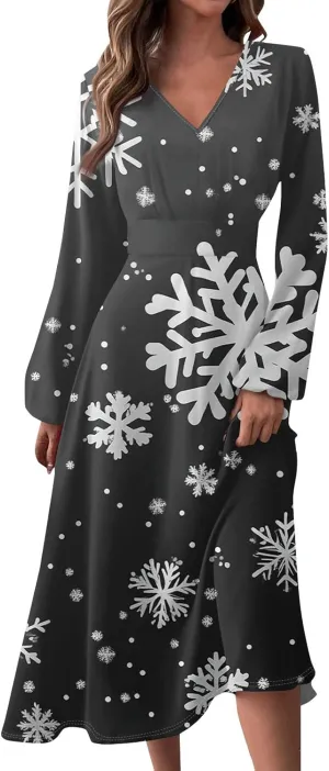 Women's Winter Casual Trendy V-Neck Long Sleeve Snowflake Print Christmas Dress Plus Size, S-2XL
