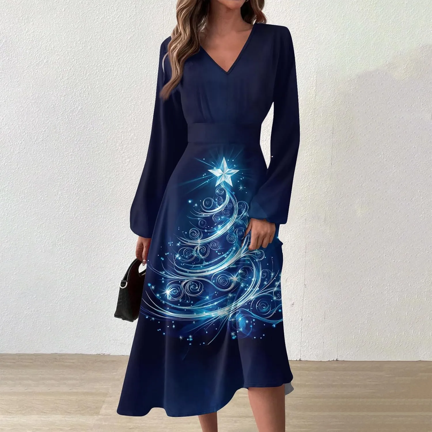 Women's Winter Casual Trendy V-Neck Long Sleeve Snowflake Print Christmas Dress Plus Size, S-2XL