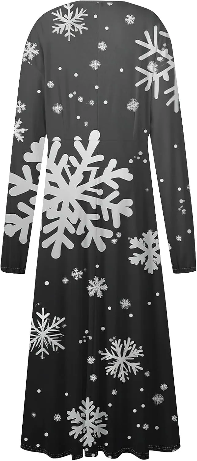 Women's Winter Casual Trendy V-Neck Long Sleeve Snowflake Print Christmas Dress Plus Size, S-2XL