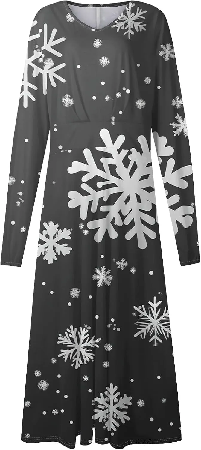 Women's Winter Casual Trendy V-Neck Long Sleeve Snowflake Print Christmas Dress Plus Size, S-2XL