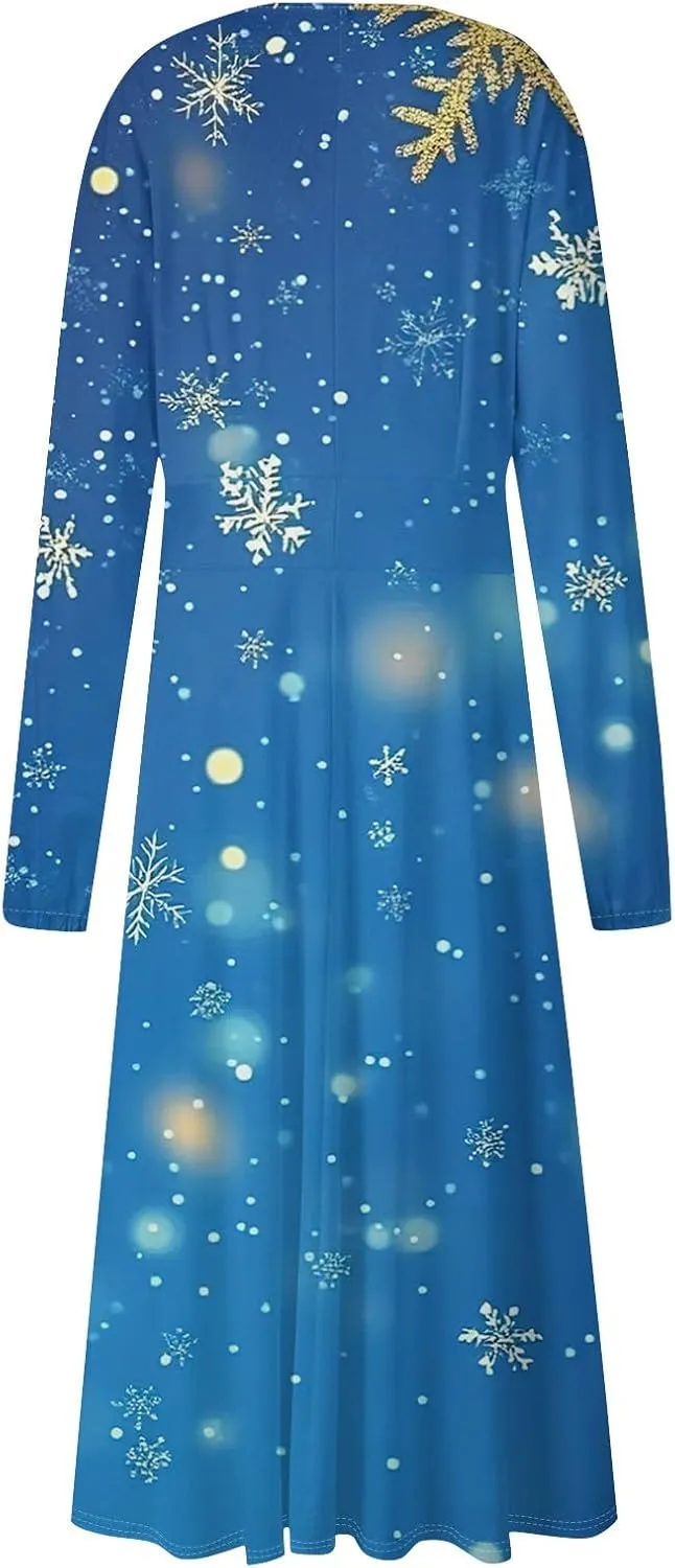 Women's Winter Casual Trendy V-Neck Long Sleeve Snowflake Print Christmas Dress Plus Size, S-2XL