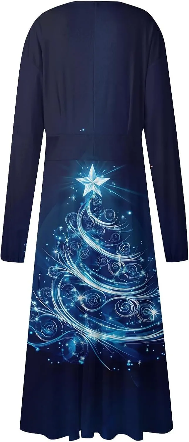 Women's Winter Casual Trendy V-Neck Long Sleeve Snowflake Print Christmas Dress Plus Size, S-2XL