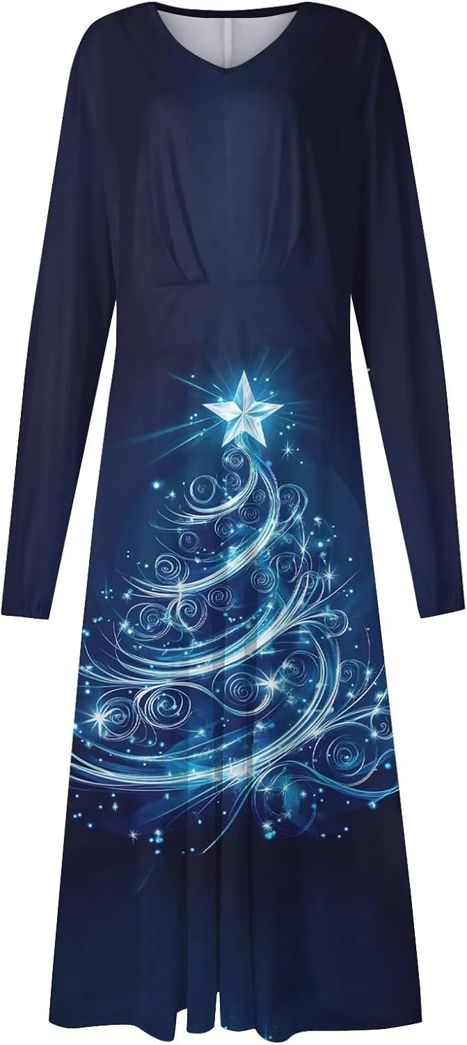 Women's Winter Casual Trendy V-Neck Long Sleeve Snowflake Print Christmas Dress Plus Size, S-2XL