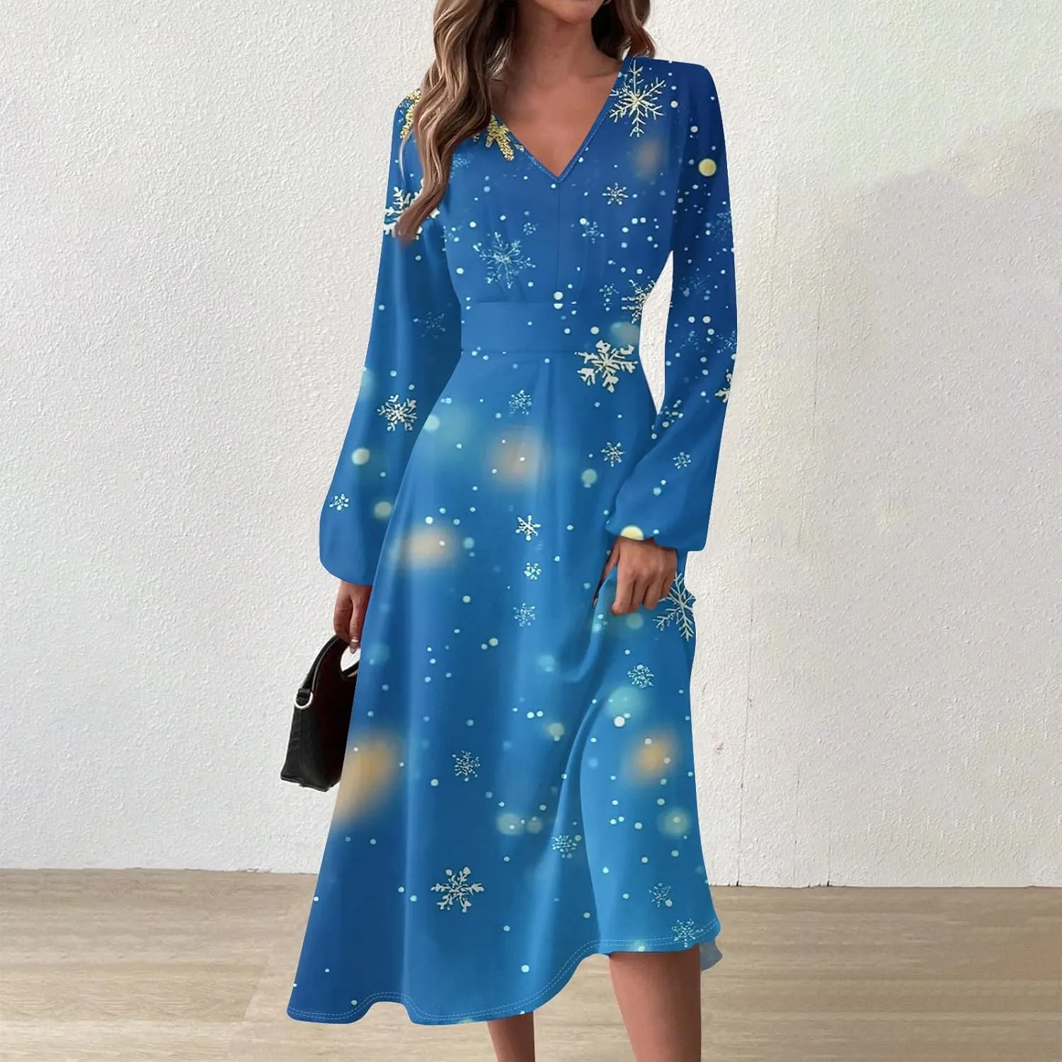 Women's Winter Casual Trendy V-Neck Long Sleeve Snowflake Print Christmas Dress Plus Size, S-2XL