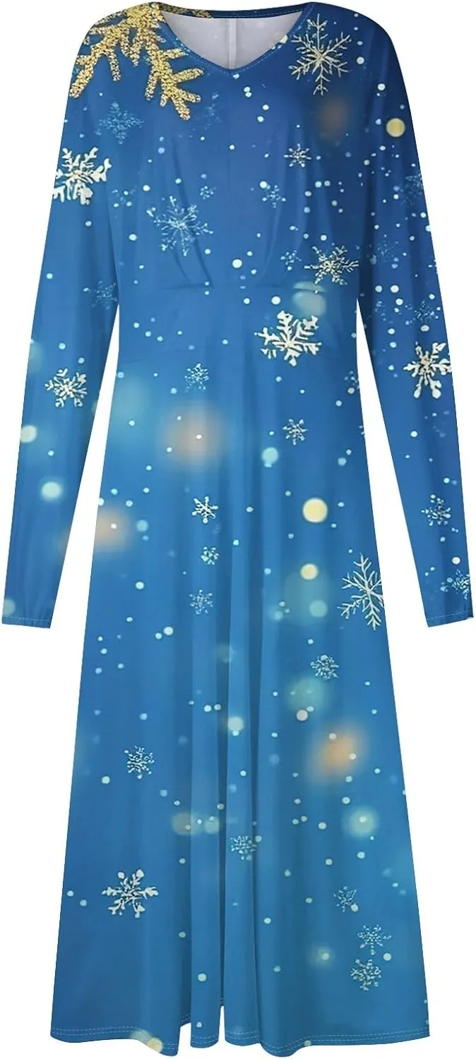 Women's Winter Casual Trendy V-Neck Long Sleeve Snowflake Print Christmas Dress Plus Size, S-2XL