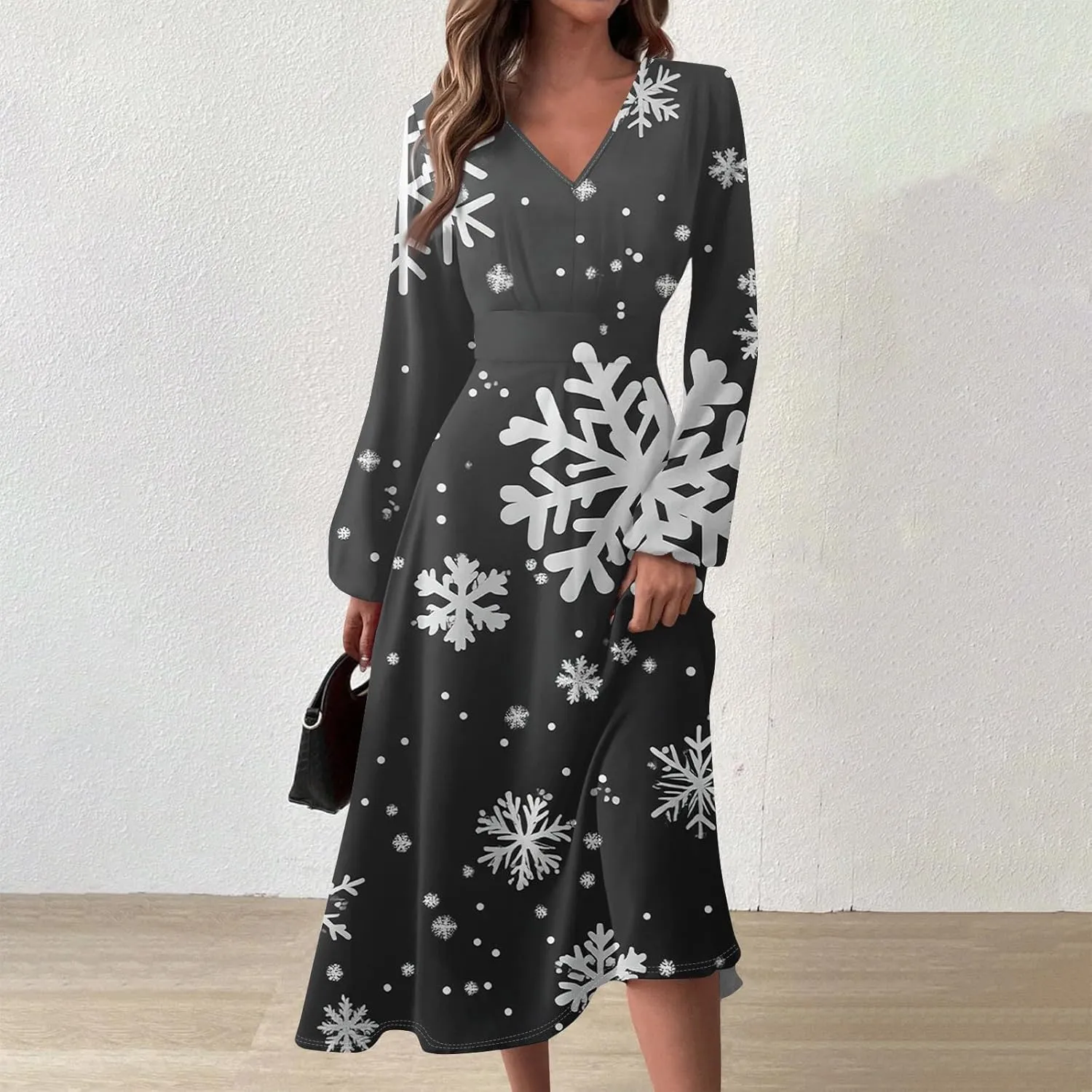 Women's Winter Casual Trendy V-Neck Long Sleeve Snowflake Print Christmas Dress Plus Size, S-2XL