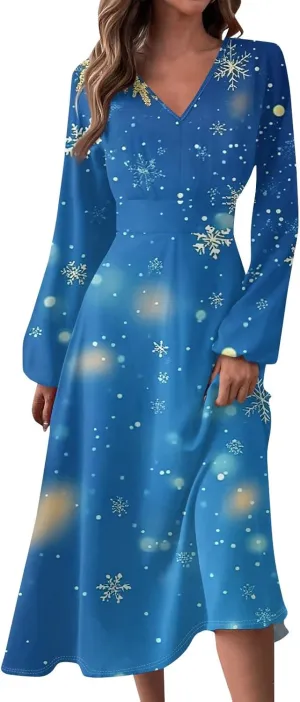 Women's Winter Casual Trendy V-Neck Long Sleeve Snowflake Print Christmas Dress Plus Size, S-2XL
