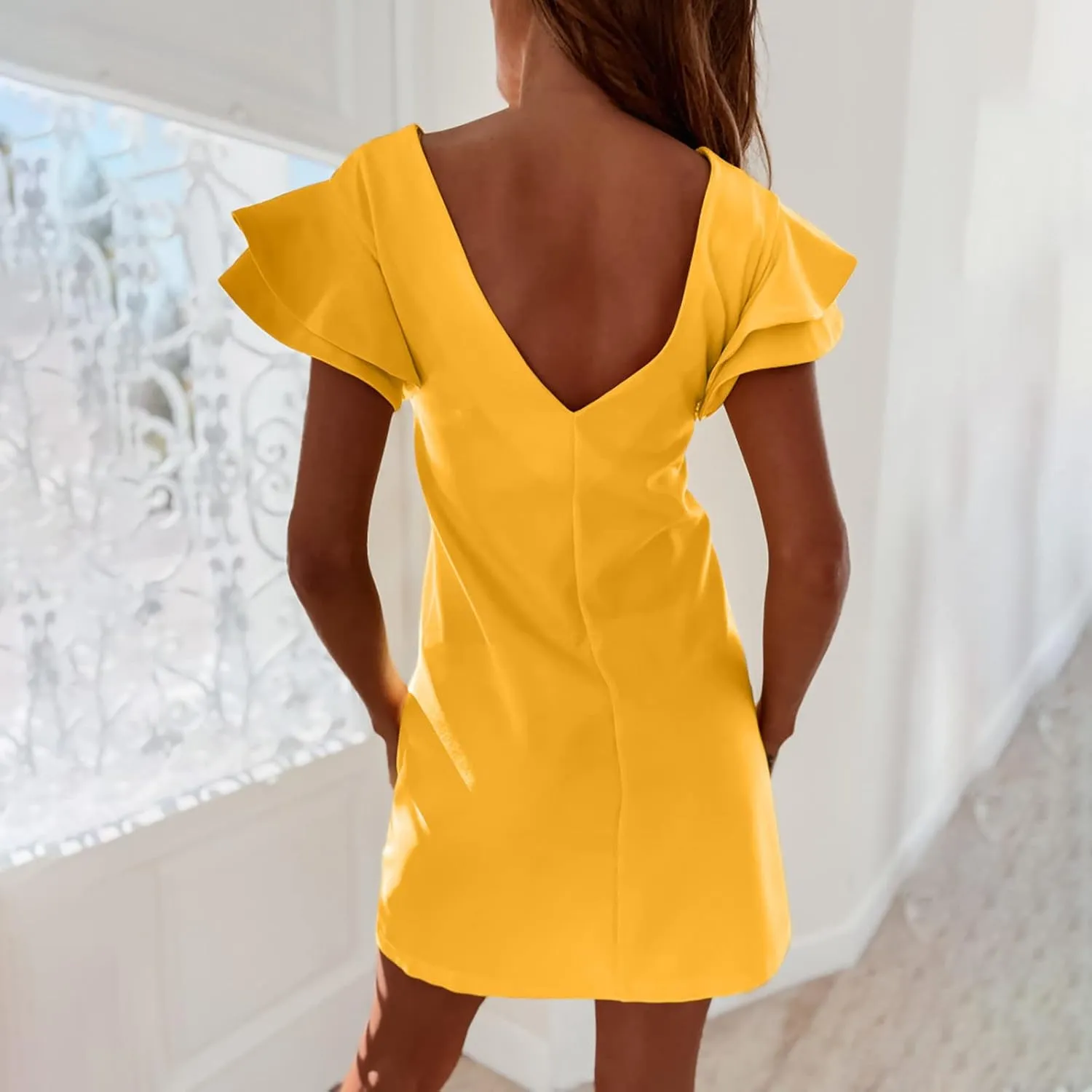 XUNRYAN Summer Dresses for Women 2022 Trendy Tiered Ruffle Sleeve Solid Backless Zipper Shift Mini Dress Party Dresses