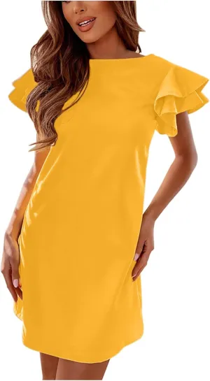 XUNRYAN Summer Dresses for Women 2022 Trendy Tiered Ruffle Sleeve Solid Backless Zipper Shift Mini Dress Party Dresses