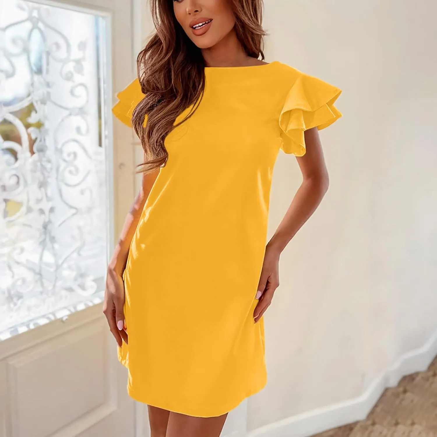 XUNRYAN Summer Dresses for Women 2022 Trendy Tiered Ruffle Sleeve Solid Backless Zipper Shift Mini Dress Party Dresses