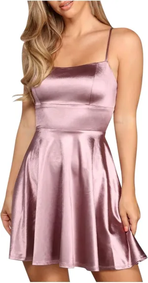 XUNRYAN Womens Spaghetti Strap Mini Dress Sexy Backless Short Satin Dress Cowl Neck Tie Ruffle Flowy Sundress Nightgown