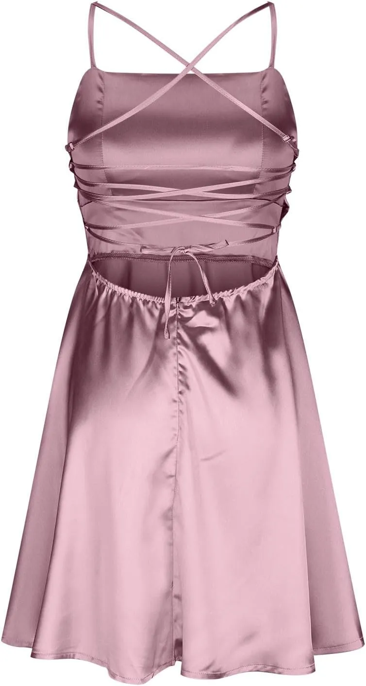 XUNRYAN Womens Spaghetti Strap Mini Dress Sexy Backless Short Satin Dress Cowl Neck Tie Ruffle Flowy Sundress Nightgown
