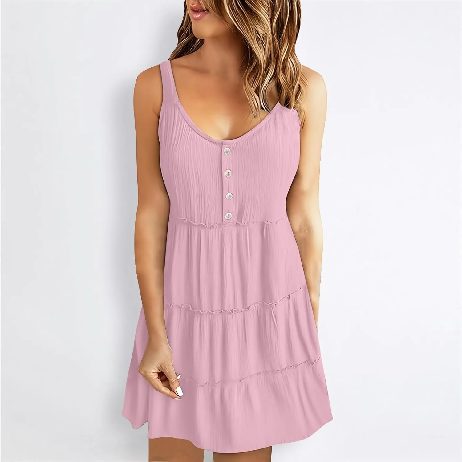 XUNRYAN Womens Tank Dresses Summer Trendy Spaghetti Strap Mini Dress Casual Button Sundress Tiered Ruffle Vacation Outfit