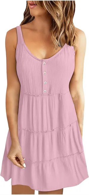 XUNRYAN Womens Tank Dresses Summer Trendy Spaghetti Strap Mini Dress Casual Button Sundress Tiered Ruffle Vacation Outfit