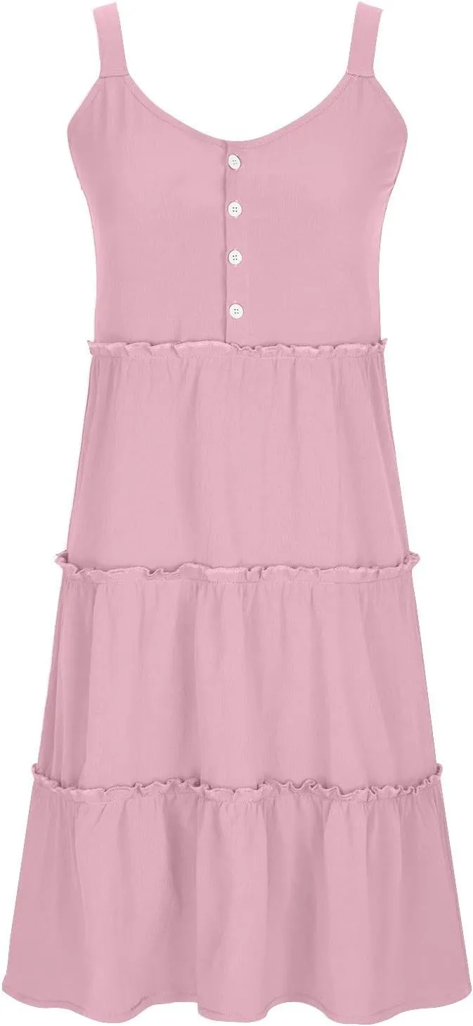 XUNRYAN Womens Tank Dresses Summer Trendy Spaghetti Strap Mini Dress Casual Button Sundress Tiered Ruffle Vacation Outfit