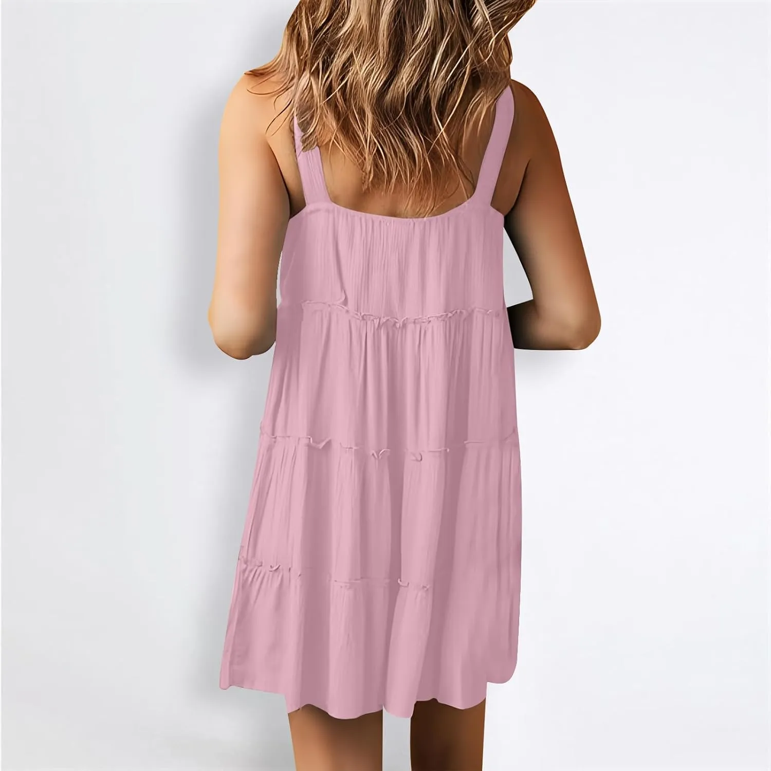 XUNRYAN Womens Tank Dresses Summer Trendy Spaghetti Strap Mini Dress Casual Button Sundress Tiered Ruffle Vacation Outfit