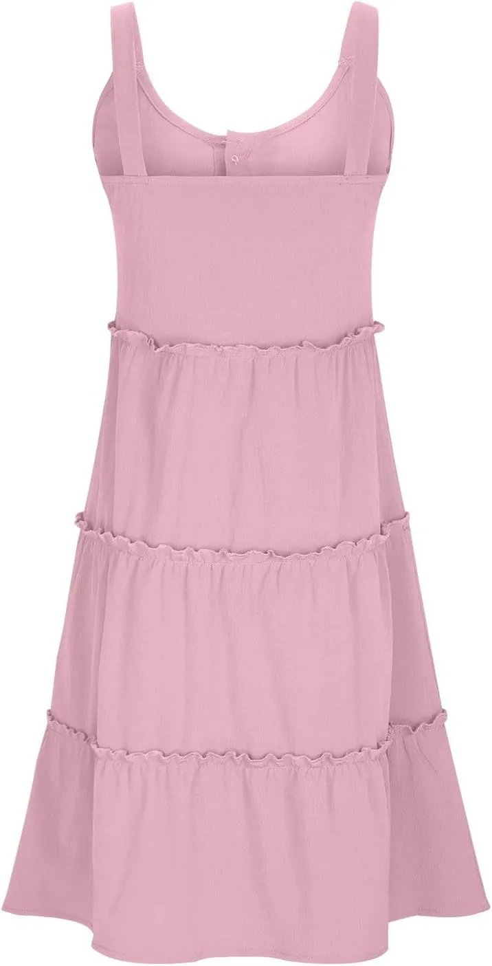 XUNRYAN Womens Tank Dresses Summer Trendy Spaghetti Strap Mini Dress Casual Button Sundress Tiered Ruffle Vacation Outfit