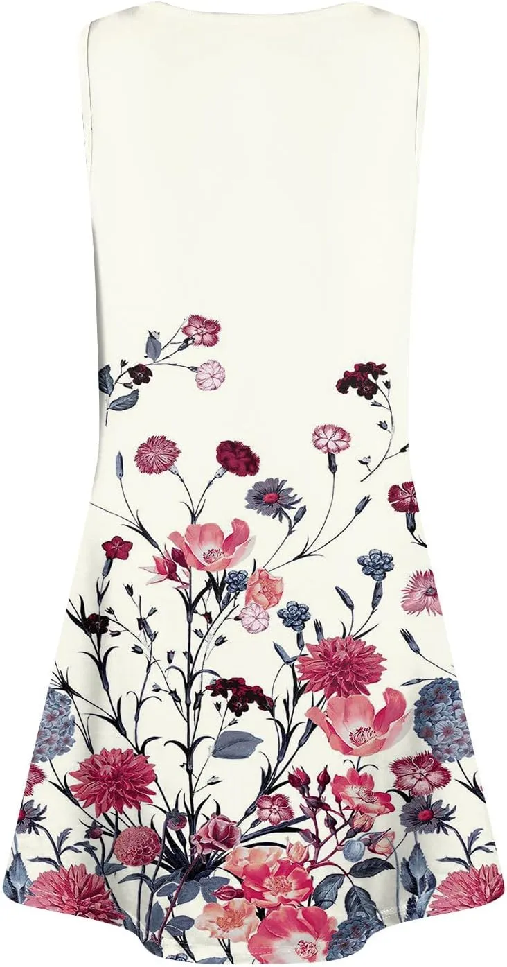 Yesunpxs Women Summer Dresses Loose Sleeveless Mini Dress Casual Beach Sundresses Printed Tshirt Tank Dresses with Pockets